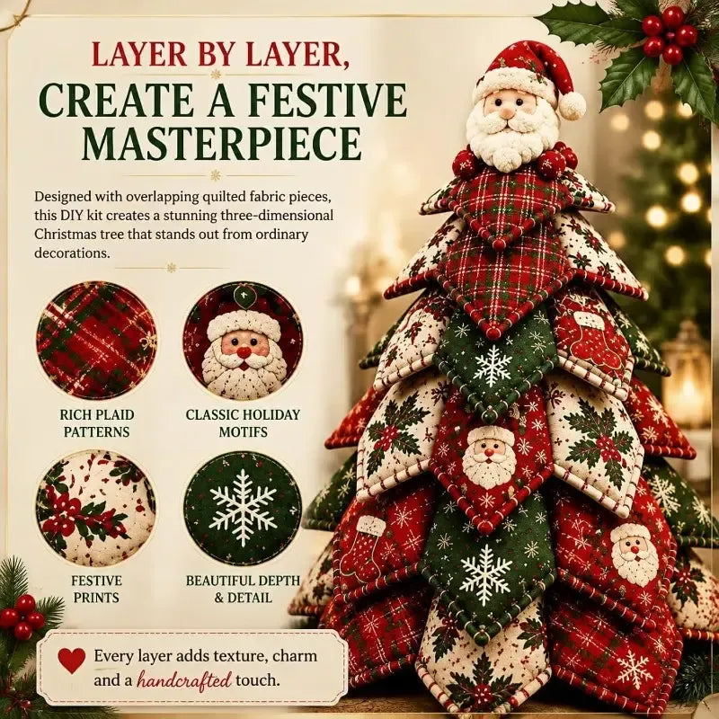 DIY 3D Quilted Fabric Patchwork Christmas Tree Kit, 3D Handmade Sewing Craft with Instructions, Beginner Friendly, Vintage Festive Tabletop Decor Gift/the Santa Claus