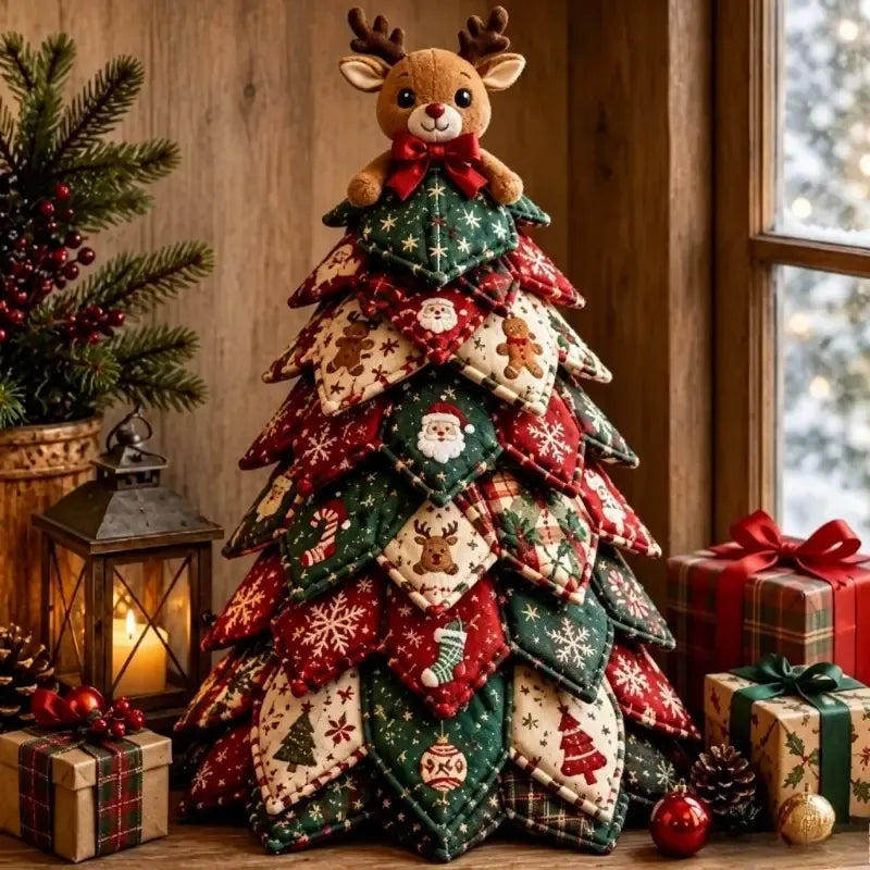 DIY 3D Quilted Fabric Patchwork Christmas Tree Kit, 3D Handmade Sewing Craft with Instructions, Beginner Friendly, Vintage Festive Tabletop Decor Gift/elk