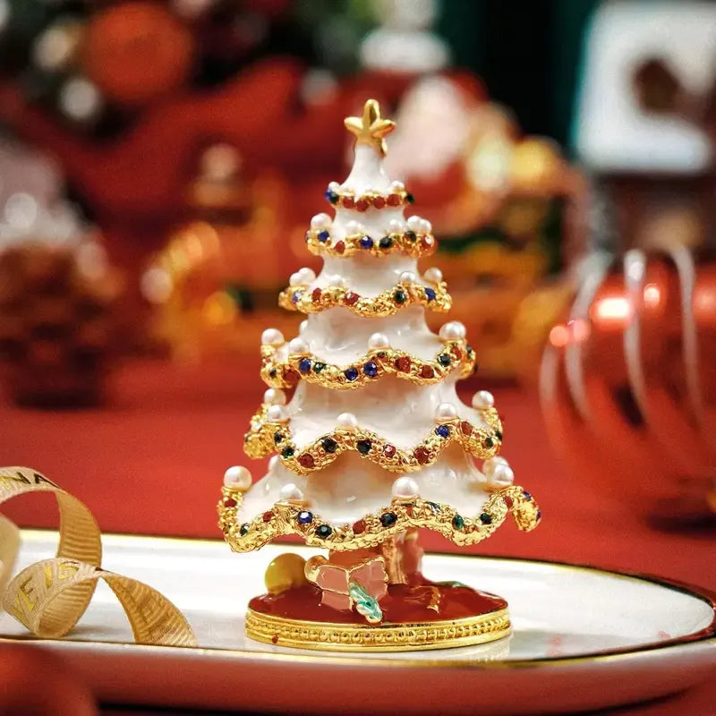Enamel Christmas Tree Jewelry Box – Rhinestone & Pearl Luxe Desk Decor, Ring & Earring Storage, Perfect for Christmas, Birthdays, Housewarmings, Ideal Gift for Her/white