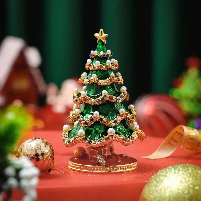 Enamel Christmas Tree Jewelry Box – Rhinestone & Pearl Luxe Desk Decor, Ring & Earring Storage, Perfect for Christmas, Birthdays, Housewarmings, Ideal Gift for Her/white