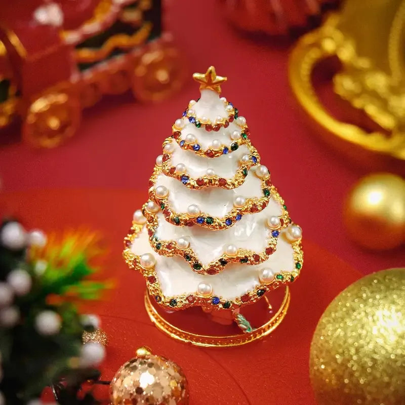 Enamel Christmas Tree Jewelry Box – Rhinestone & Pearl Luxe Desk Decor, Ring & Earring Storage, Perfect for Christmas, Birthdays, Housewarmings, Ideal Gift for Her/white