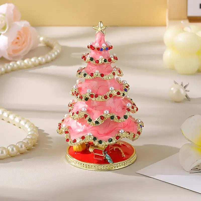 Enamel Christmas Tree Jewelry Box – Rhinestone & Pearl Luxe Desk Decor, Ring & Earring Storag. Perfect for Christmas, Birthdays, Housewarmings, Ideal Gift for Her/pink