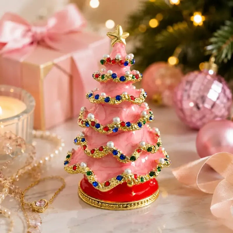 Enamel Christmas Tree Jewelry Box – Rhinestone & Pearl Luxe Desk Decor, Ring & Earring Storage, Perfect for Christmas, Birthdays, Housewarmings, Ideal Gift for Her/green