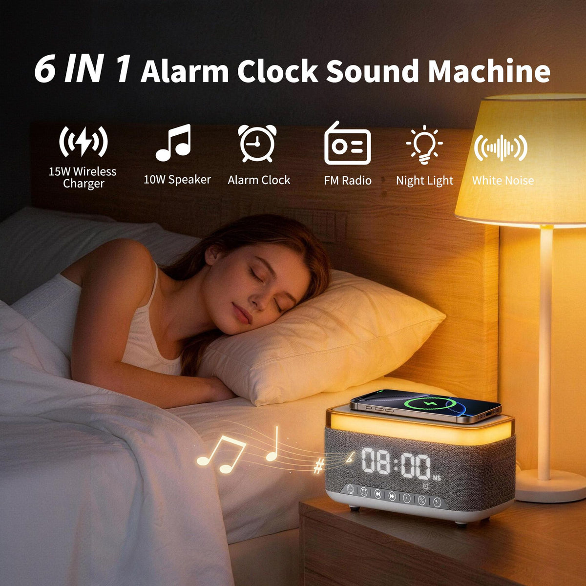 15W Fast Wireless Charging Alarm Clock with Bluetooth Speaker, White Noise Mochine & RGB Night Light, 6-in-1 Digital Bedside Alarm Clock Radio for Bedroom, Grey