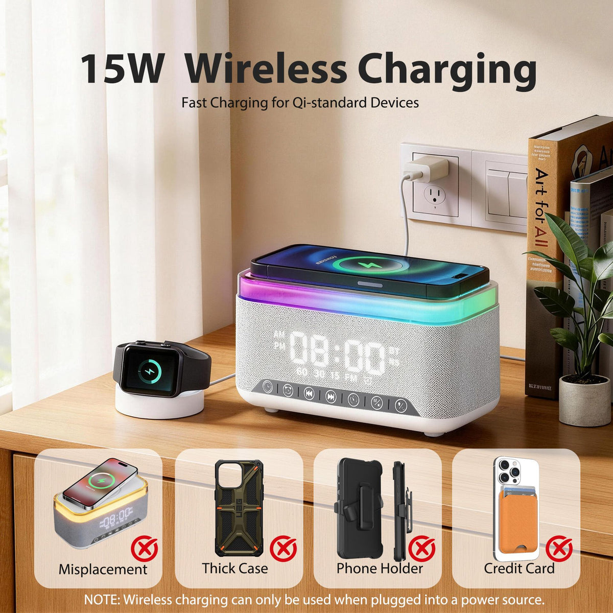 15W Fast Wireless Charging Alarm Clock with Bluetooth Speaker, White Noise Mochine & RGB Night Light, 6-in-1 Digital Bedside Alarm Clock Radio for Bedroom, Grey
