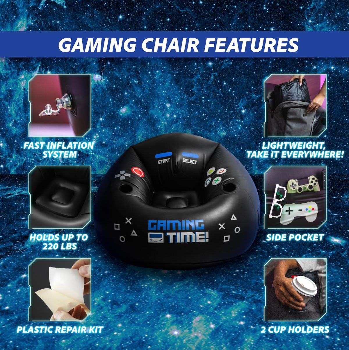 Inflatable Gaming Chair for Kids & Teens with Cup Holders and Side Pocket - This Air Bean Bag Game Chair is The Perfect Furniture for Gamer Room Décor (Gaming Time with Ottoman)
