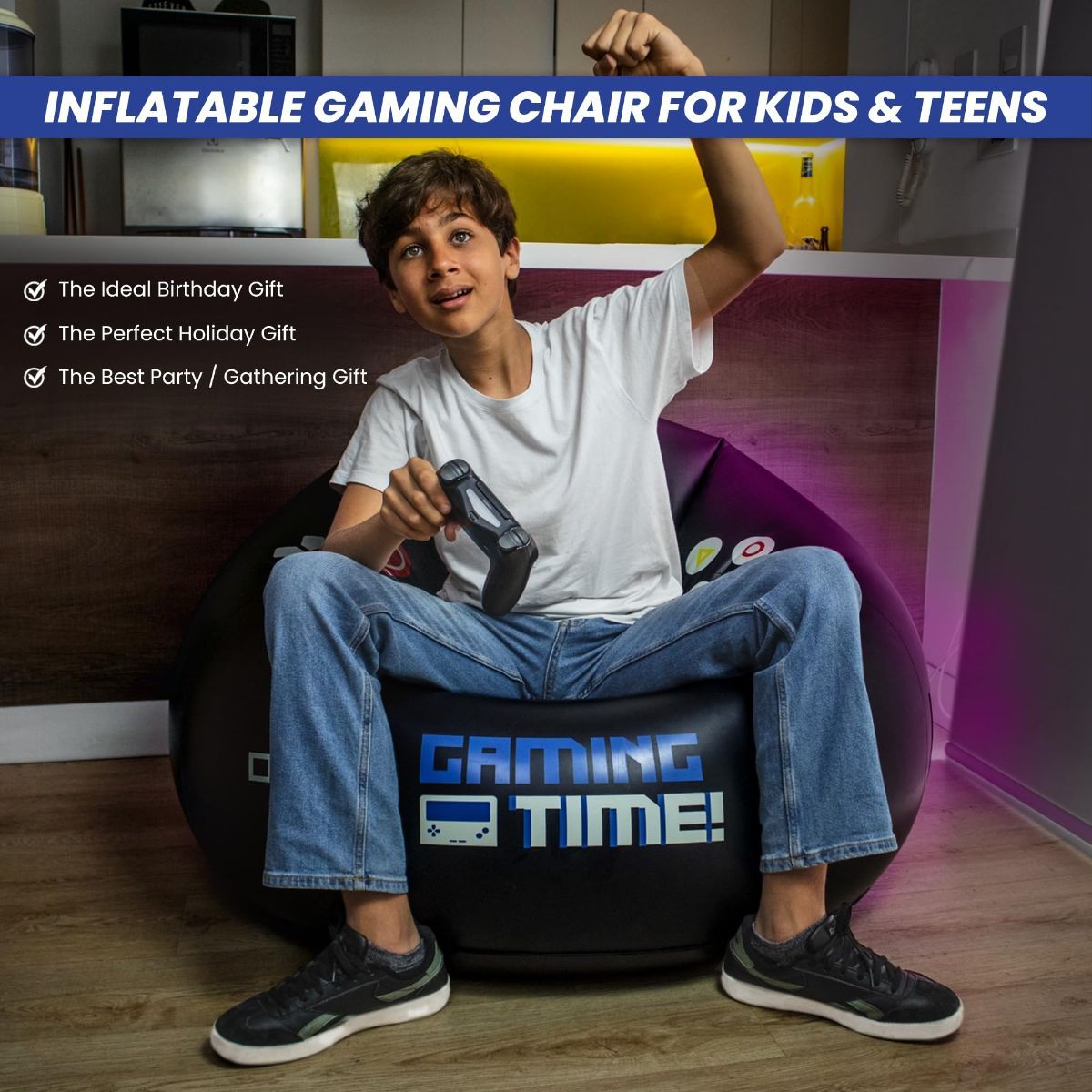 Inflatable Gaming Chair for Kids & Teens with Cup Holders and Side Pocket - This Air Gaming Bean Bag Chairs for kids is The Perfect Furniture for Gamer Room Decor - Perfect Gaming Stuff for boys 4-12