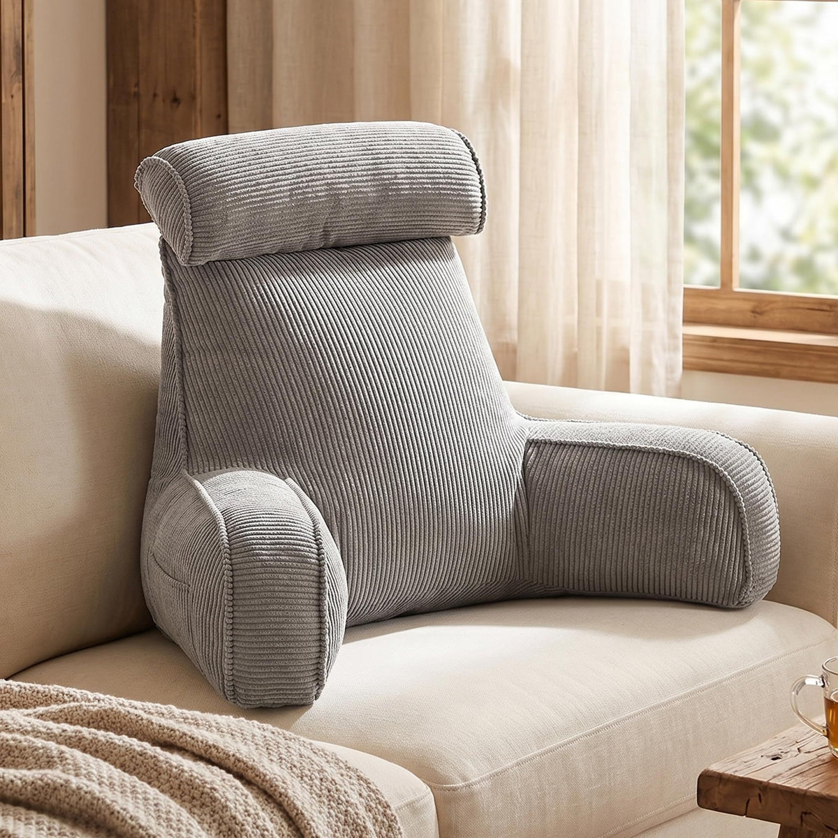 Comfortable Reading Pillow with Armrests for Bed & Sofa Relaxation, Gaming, and Lazy Days, 80*40*60cm (light gray)