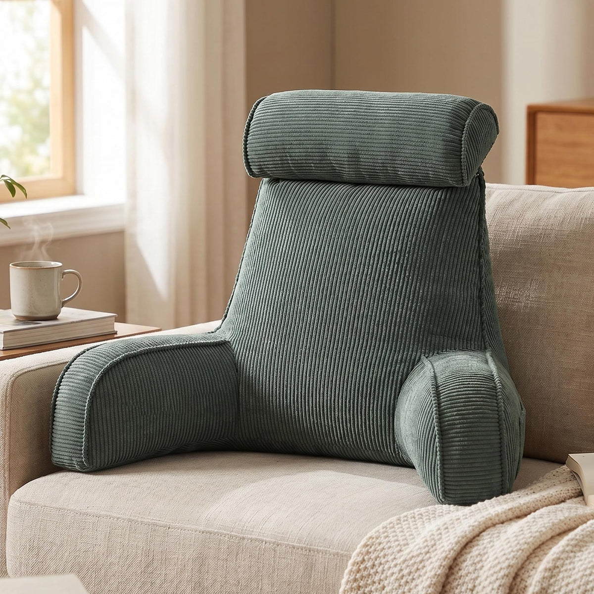 Cozy Reading Pillow for Sofa & Bed - Perfect for Relaxing, Reading, Gaming & More, 80*40*60cm (Dark Grey-Green)