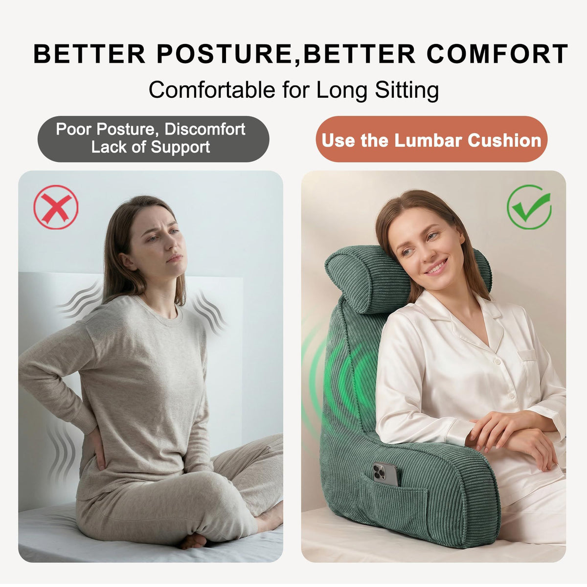 Cozy Reading Pillow for Sofa & Bed - Perfect for Relaxing, Reading, Gaming & More, 80*40*60cm (Dark Grey-Green)