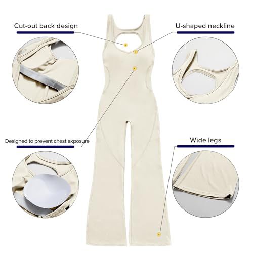 Women's Cut-out Back Flared Jumpsuit, Perfect for Yoga, Gym, Workout and Loungewear, M (beige)