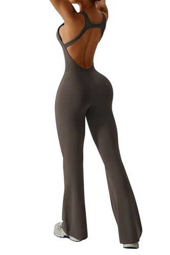 Sleeveless Open Back Flared Jumpsuit for Workout, Yoga, Casual Everyday & Occasions, L (dark brown)