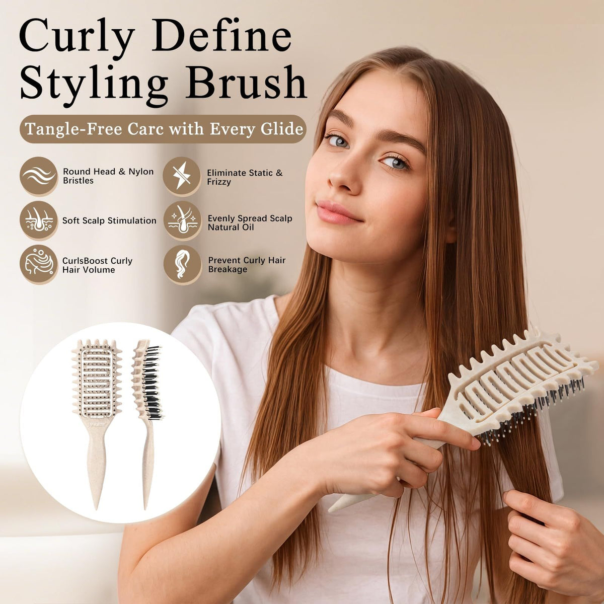 3PCSVentilation Hair Brush for Detangling, Styling, Smoothing Wet & Dry Hair, Defining Curls (beige)