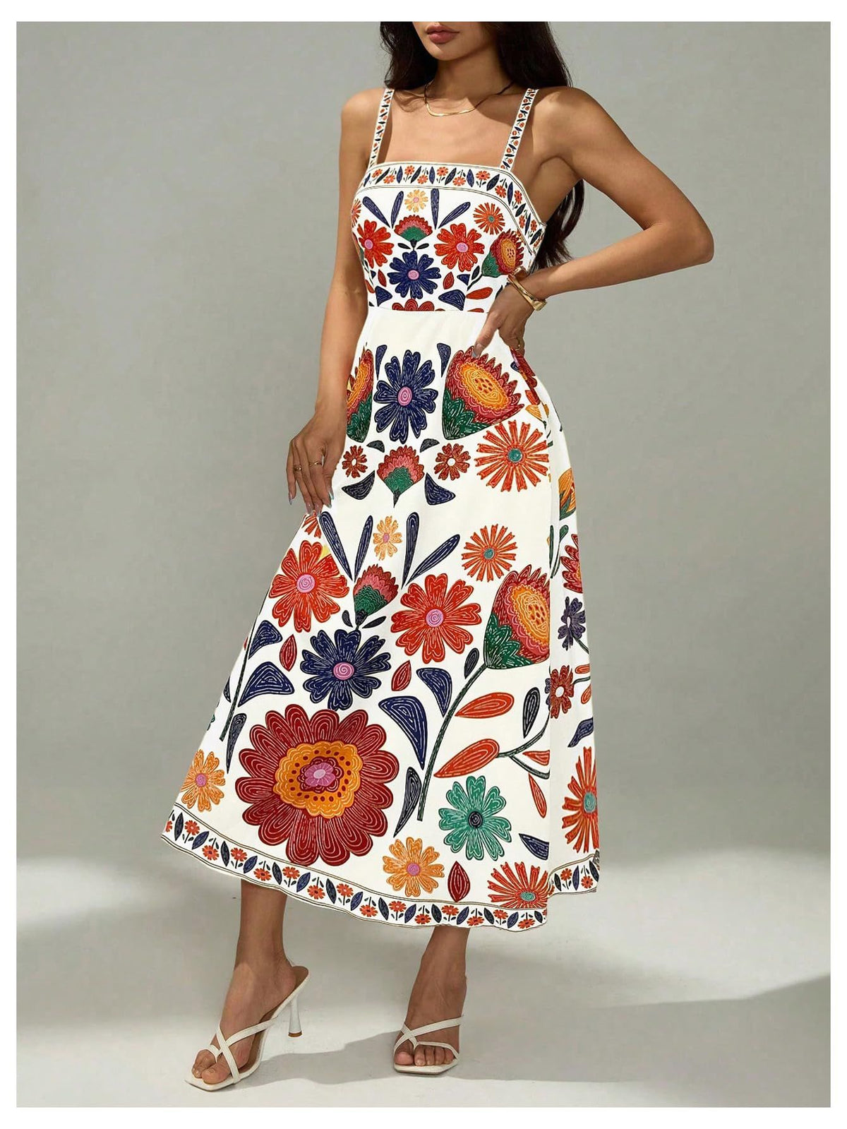Women’s Floral Print Midi Dress for Summer Vacation, Cruise, Resort, and Beach Days, S (Brick Red)