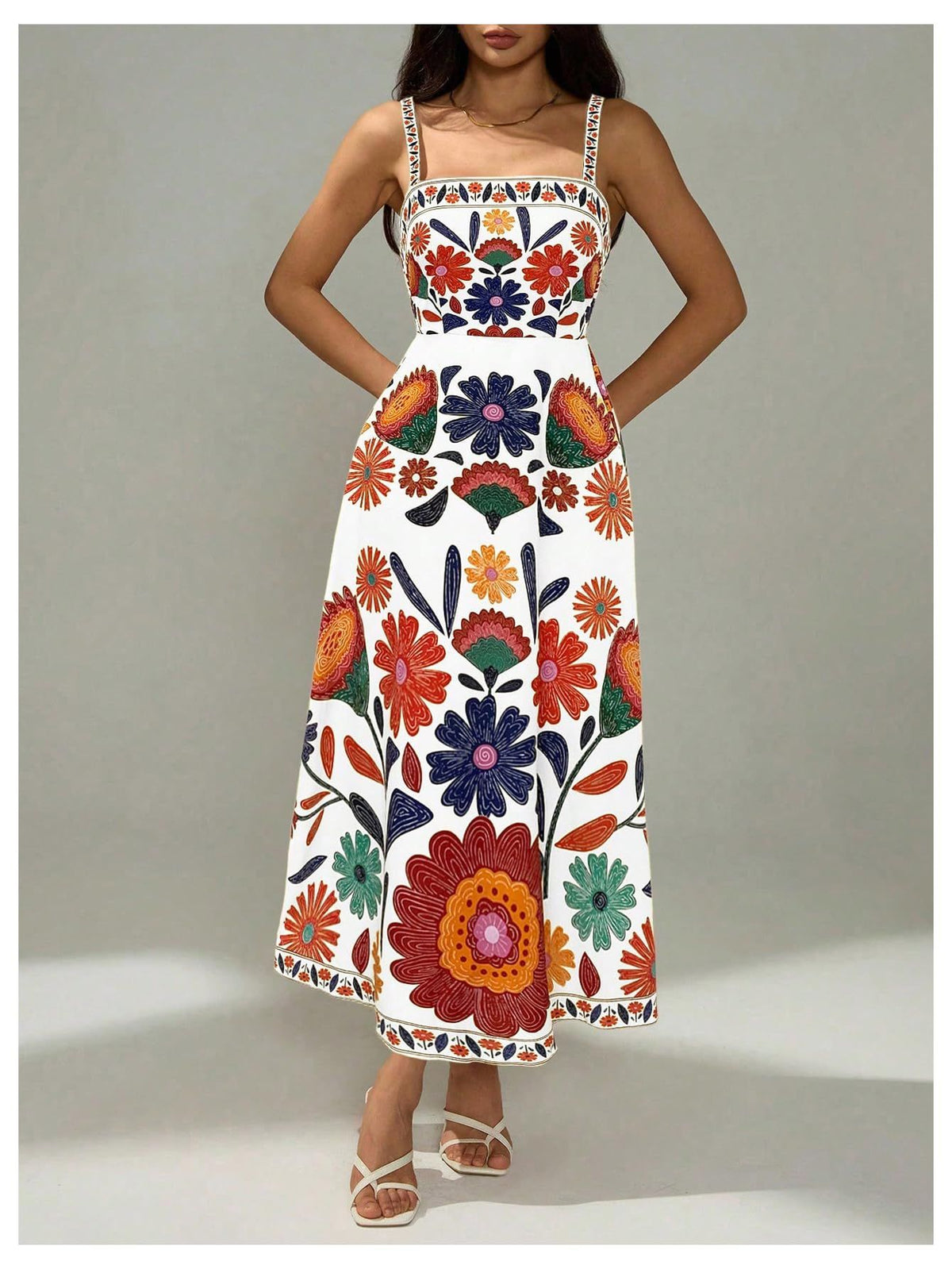 Women’s Floral Print Midi Dress for Summer Vacation, Cruise, Resort, and Beach Days, M (Brick Red)