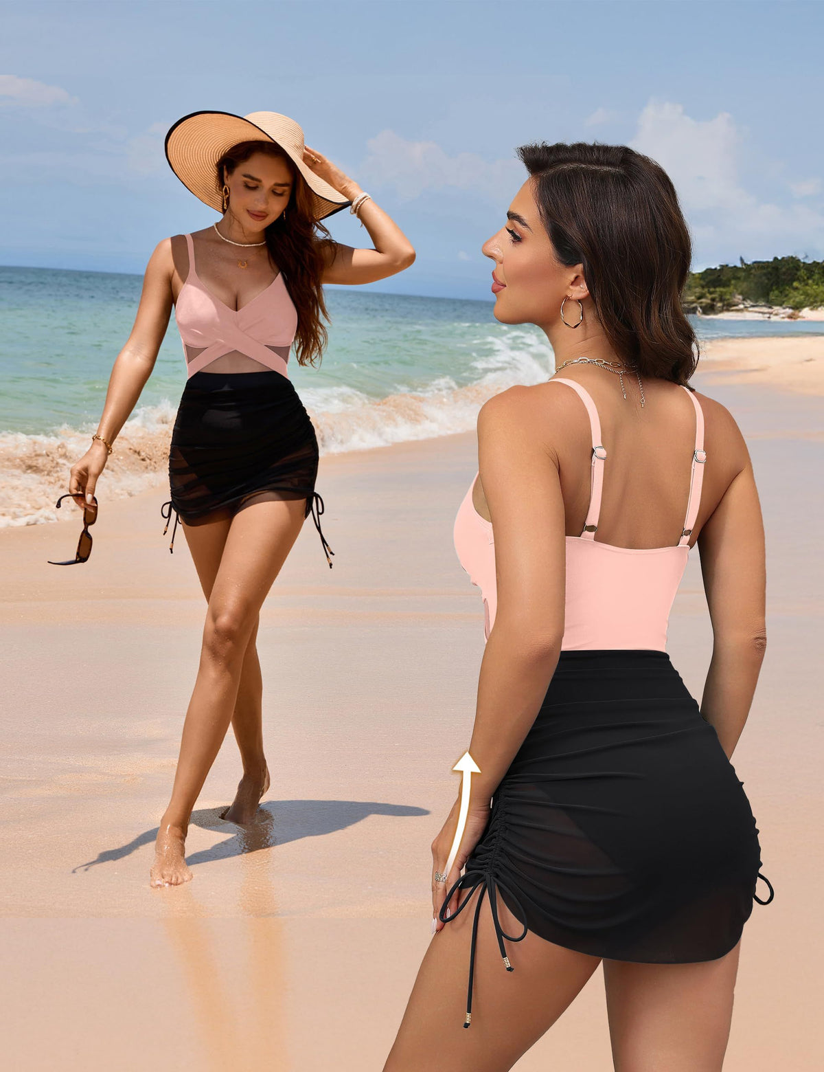 Stylish One-Piece Swimsuit with Skirted Bottom for Beach, Pool and Summer Water Activities, L (Light Pink and Black)