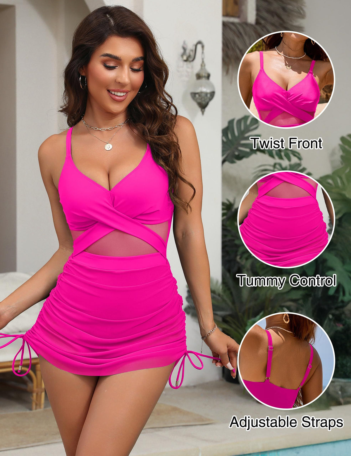 Flattering One-Piece Swimsuit Dress for Beach Vacations, Pool Days, and Tropical Getaways, S (bright pink)