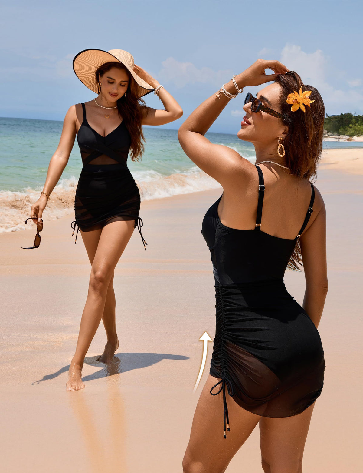 One-piece swimdress for beach vacations, pool parties and summer water activities, L (Black)