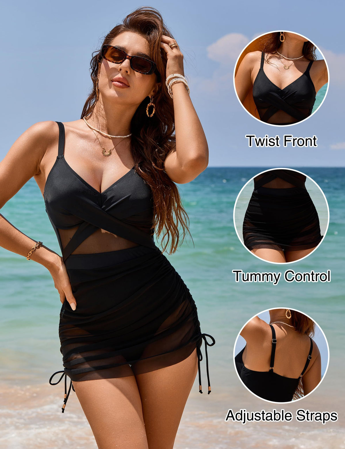 One-piece swimdress for beach vacations, pool parties and summer water activities, L (Black)