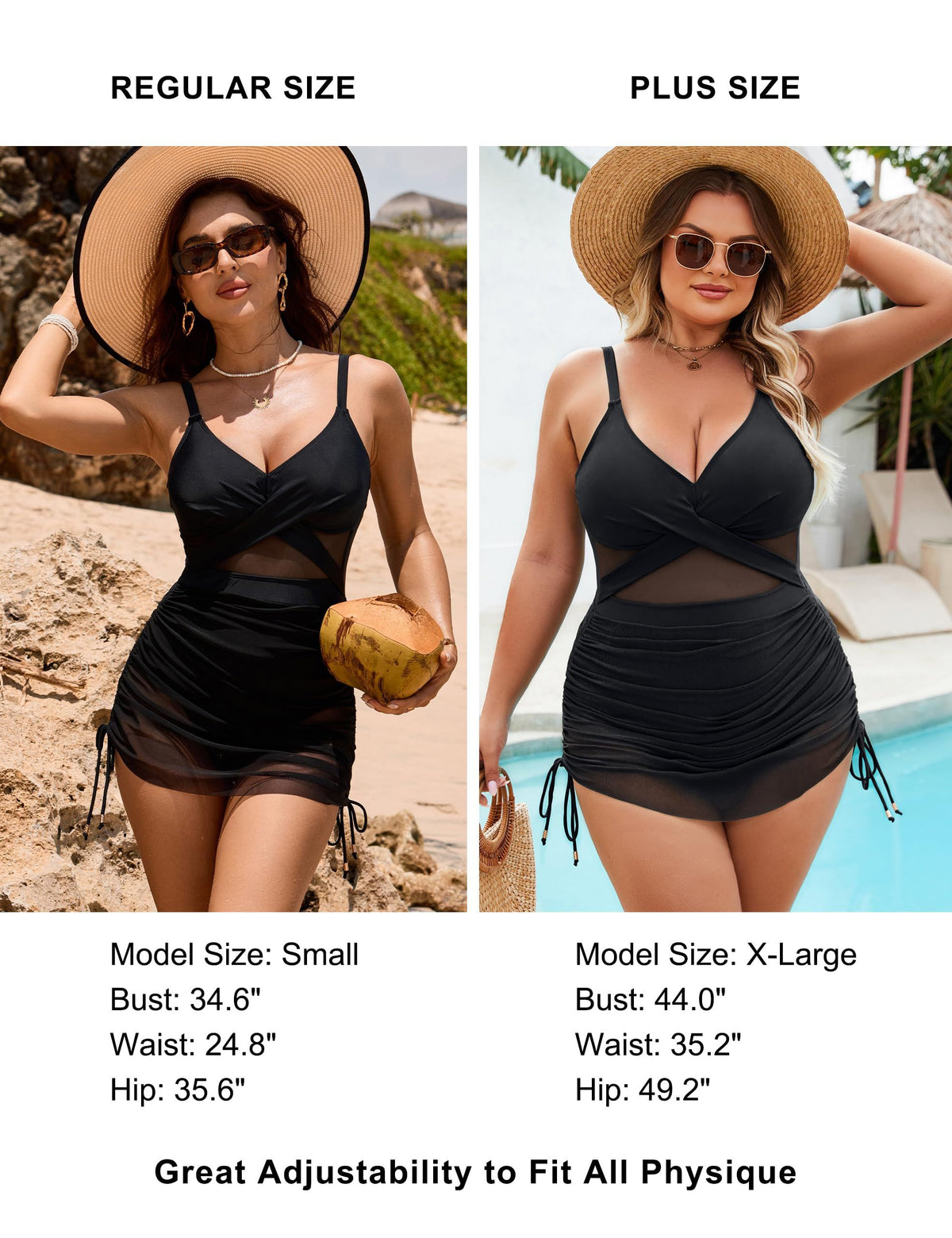 One-piece swimdress for beach vacations, pool parties and summer water activities, XL (Black)