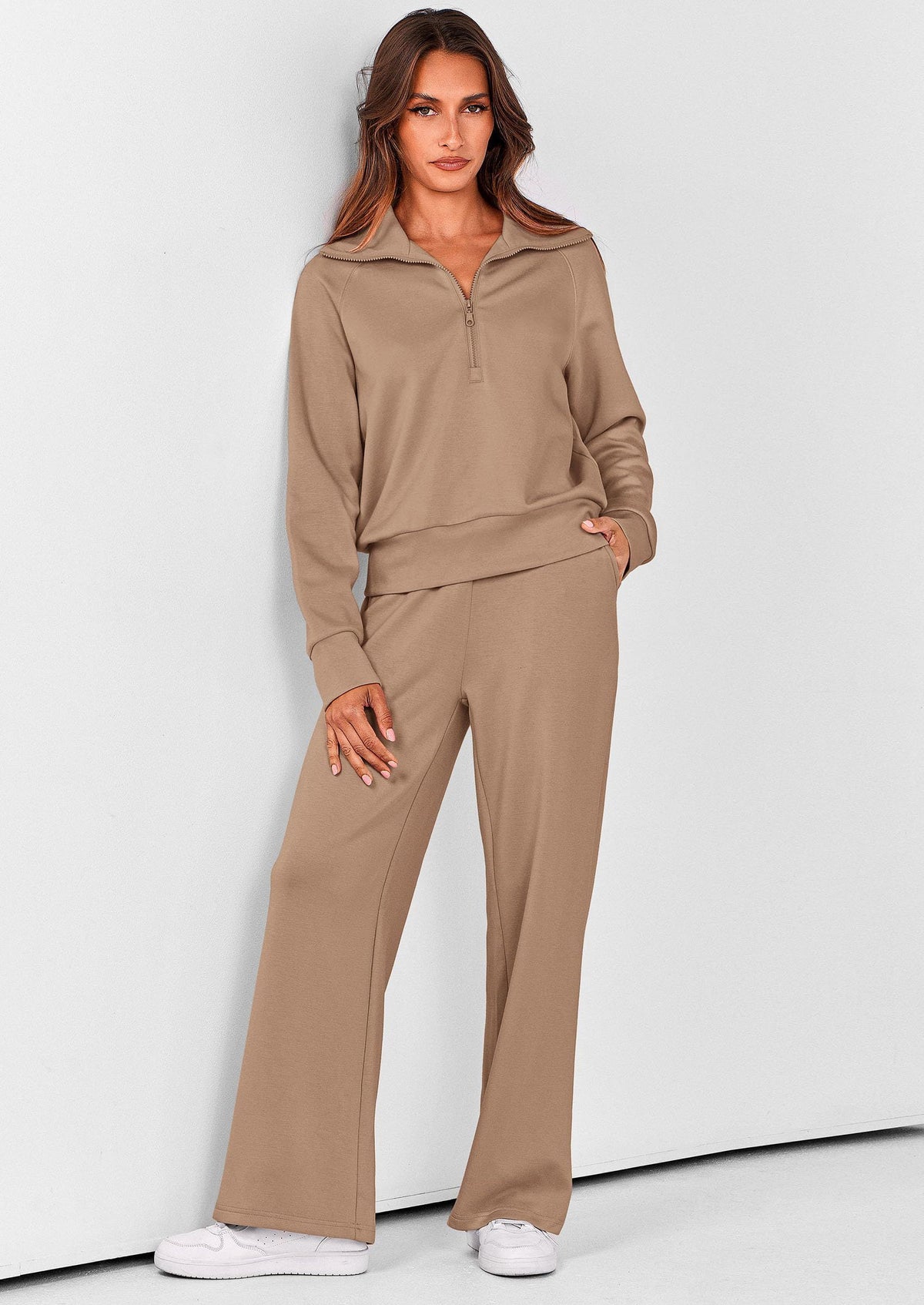 Women's 2-piece Casual Tracksuit, Ideal For Lounging, Working Out, Running Errands, M (Beige)