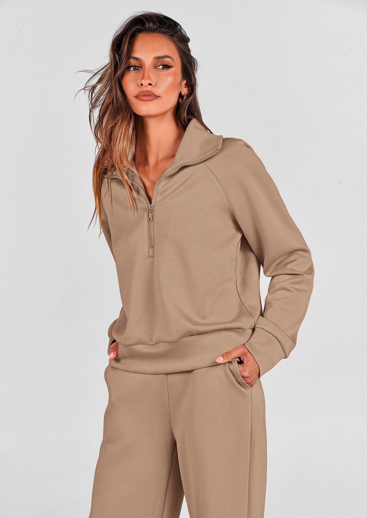 Women's 2-piece Casual Tracksuit, Ideal For Lounging, Working Out, Running Errands, M (Beige)