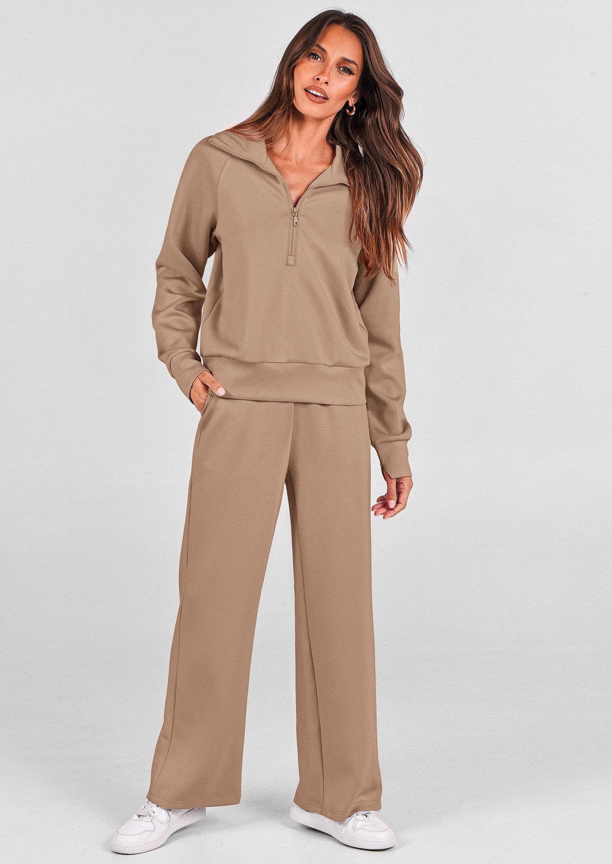 Women's 2-piece Casual Tracksuit, Ideal For Lounging, Working Out, Running Errands, M (Beige)
