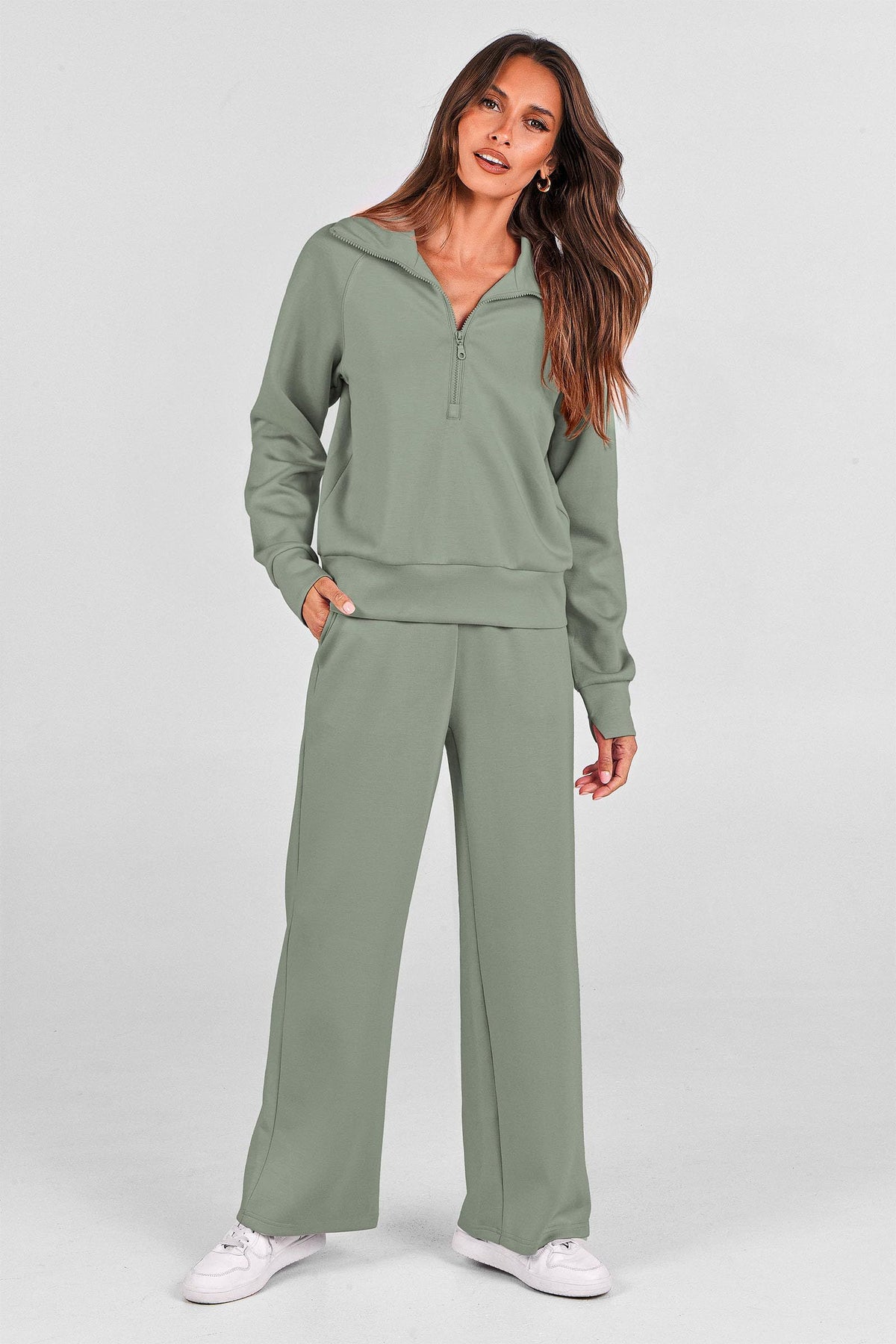 Women’s 2-Piece Lounge Set for Daily Errands, Gym Workouts & Relaxed At-Home Wear, L (Sage Green)