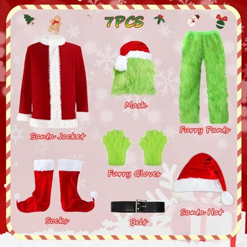 Adult Green Monster Christmas Santa Costume Set for Holiday Parties, Cosplay & Themed Events, M (Green)