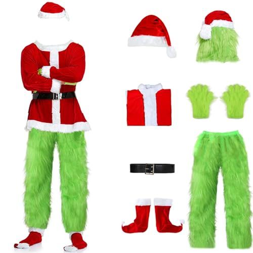 Adult Green Monster Christmas Santa Costume Set for Holiday Parties, Cosplay & Themed Events, XL (Bright Green)