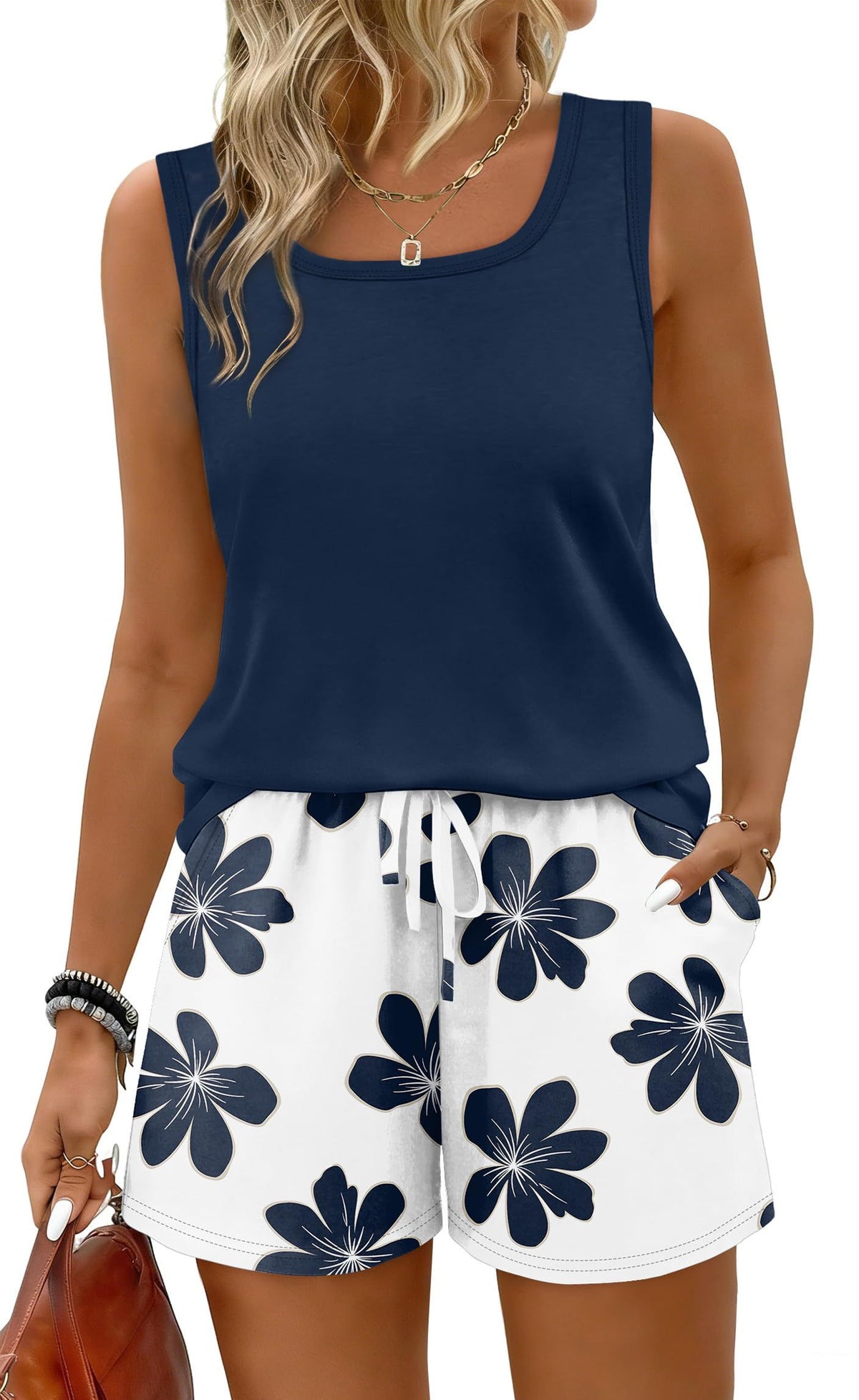 Women’s 2-Piece Summer Tank & Shorts Set for Lounging, Daily Errands & Casual Outings, M (Navy Blue)