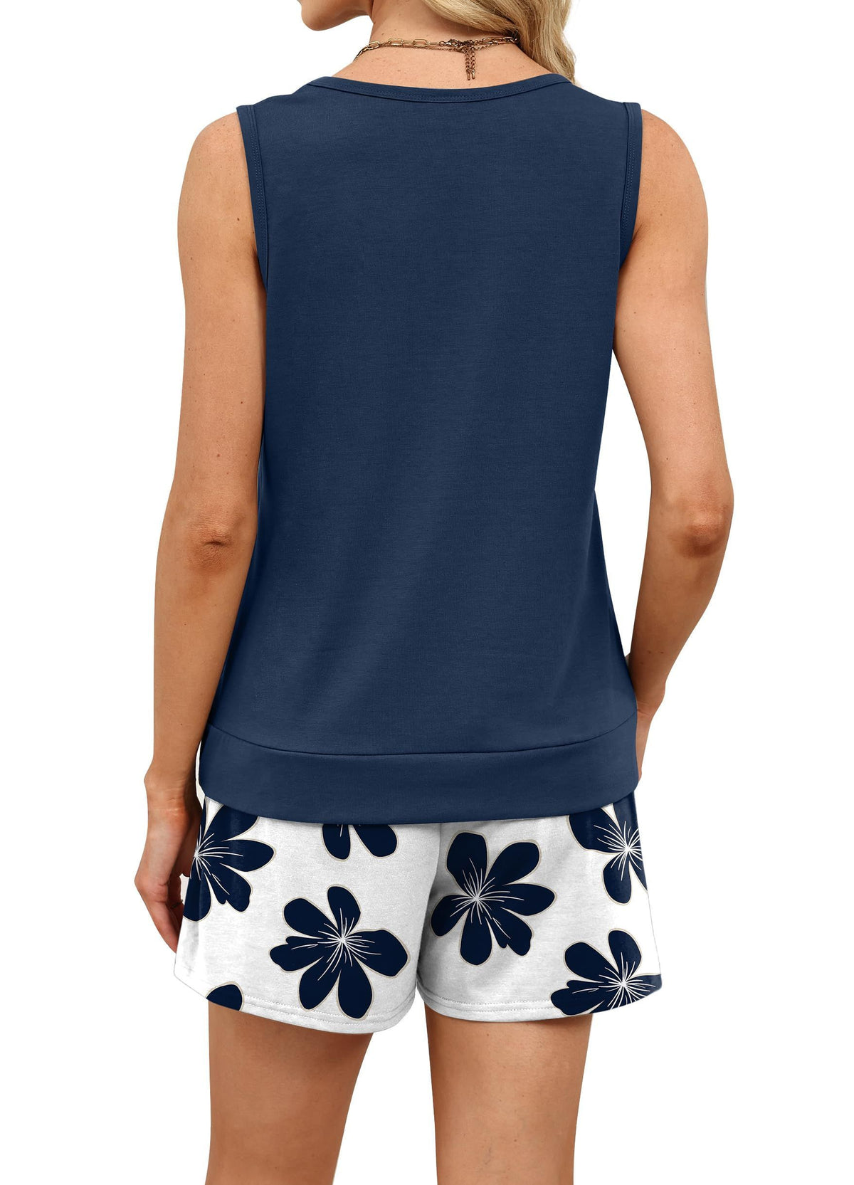Women’s 2-Piece Summer Tank & Shorts Set for Lounging, Daily Errands & Casual Outings, L (Navy Blue)