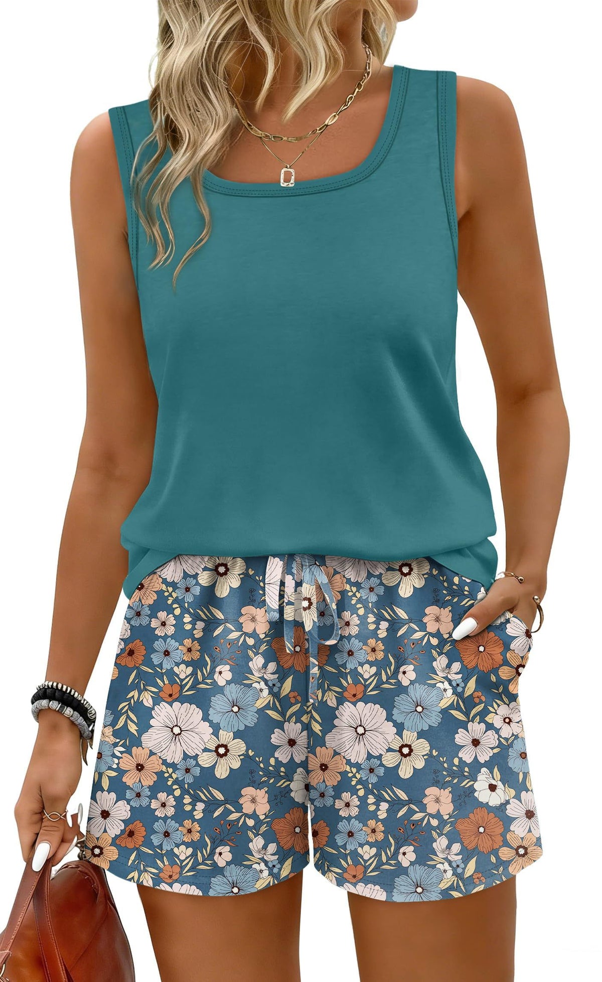 Women's 2-Piece Summer Set: Tank Top and Shorts for Casual Loungewear & Outdoor Activities, L (Teal)