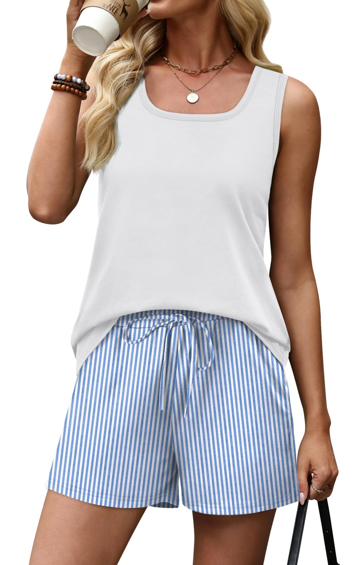 Women's 2-Piece Summer Lounge Set, Tank Top and Striped Shorts for Daily & Relaxed Activities, XL (White and Light Blue Stripes)