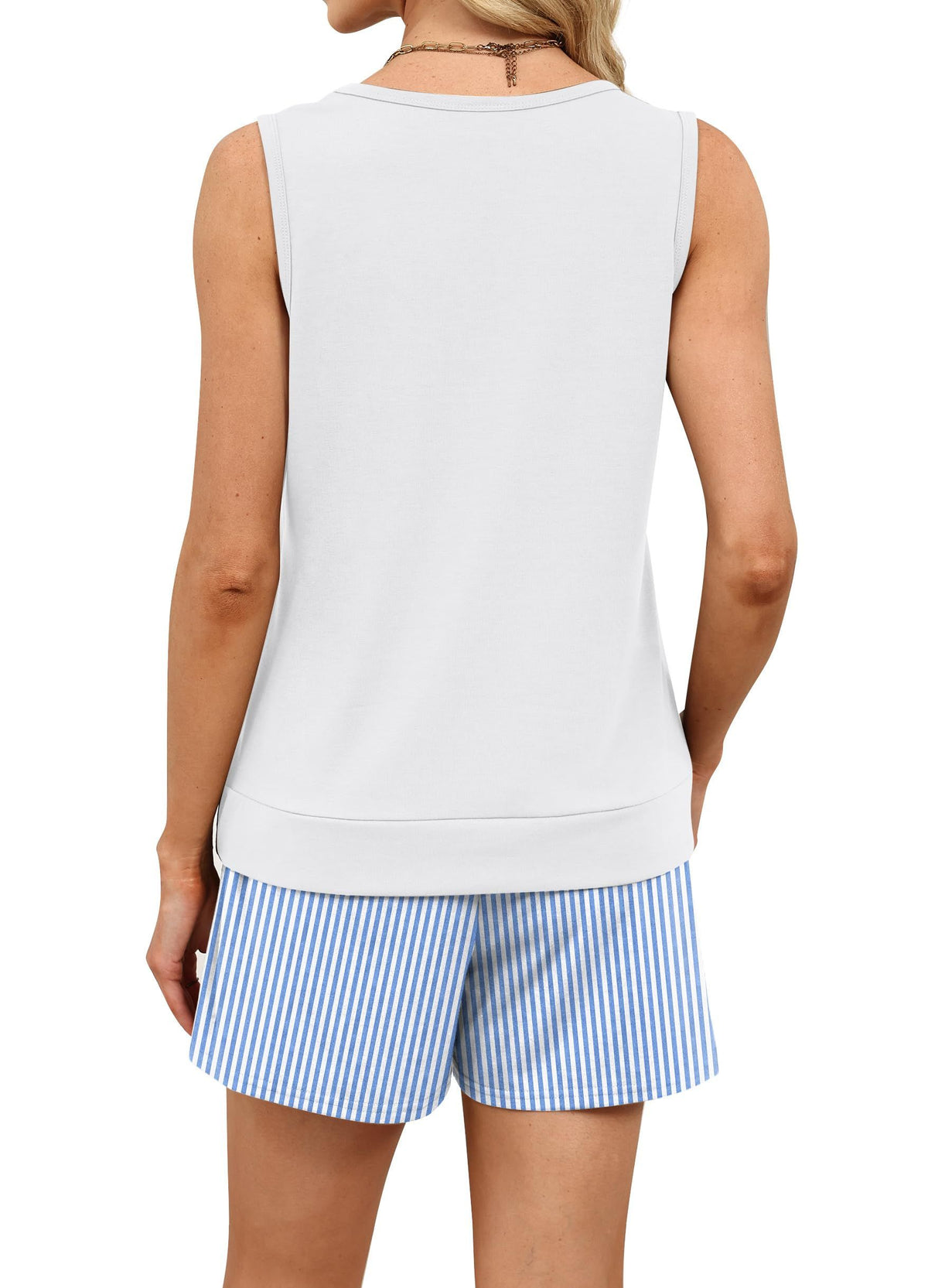 Women's 2-Piece Summer Lounge Set, Tank Top and Striped Shorts for Daily & Relaxed Activities, XL (White and Light Blue Stripes)