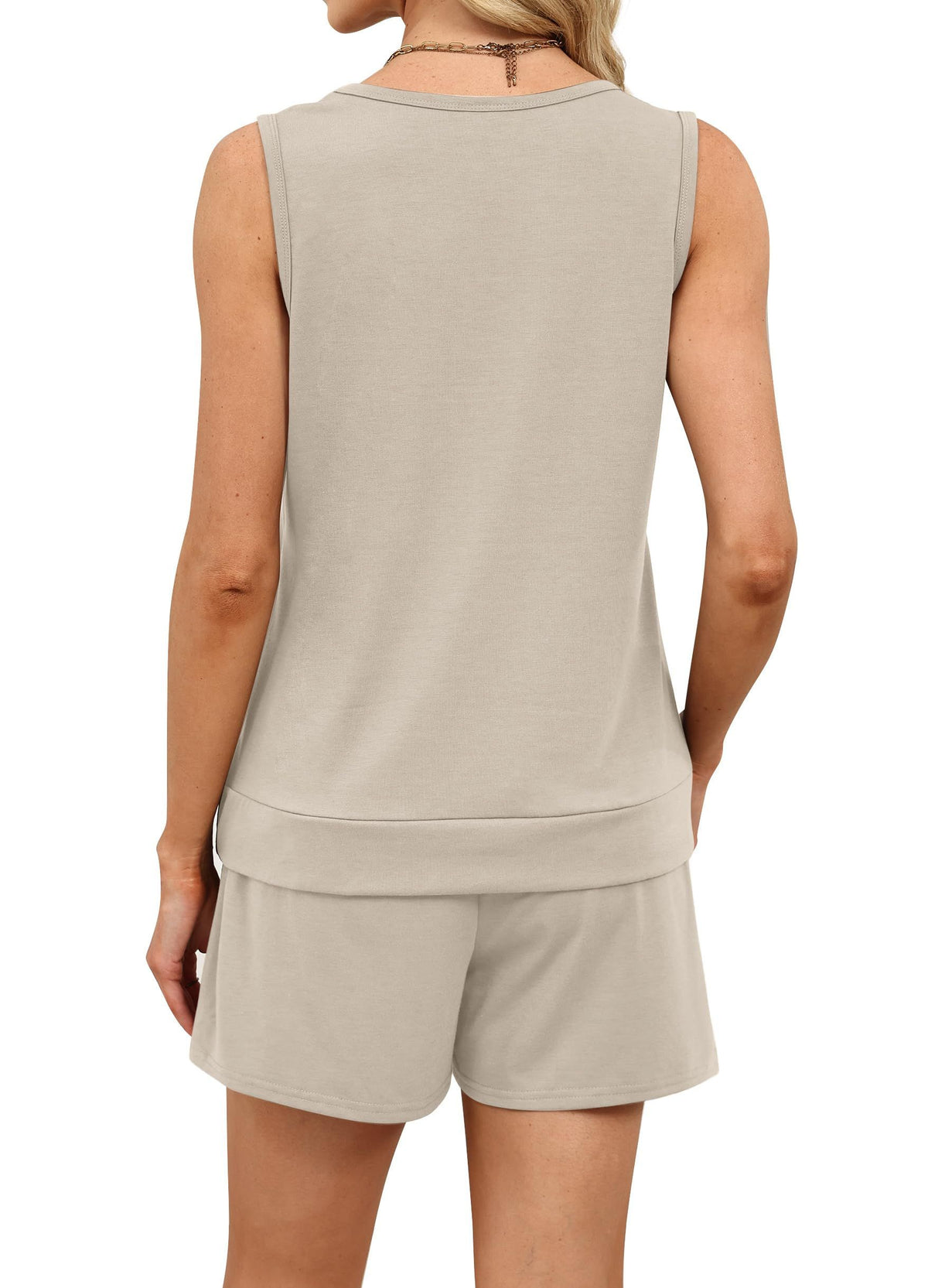 Women's Summer 2-Piece Set, Square Neck Tank & Casual Shorts for Loungewear, Daily Errands, L (light beige)