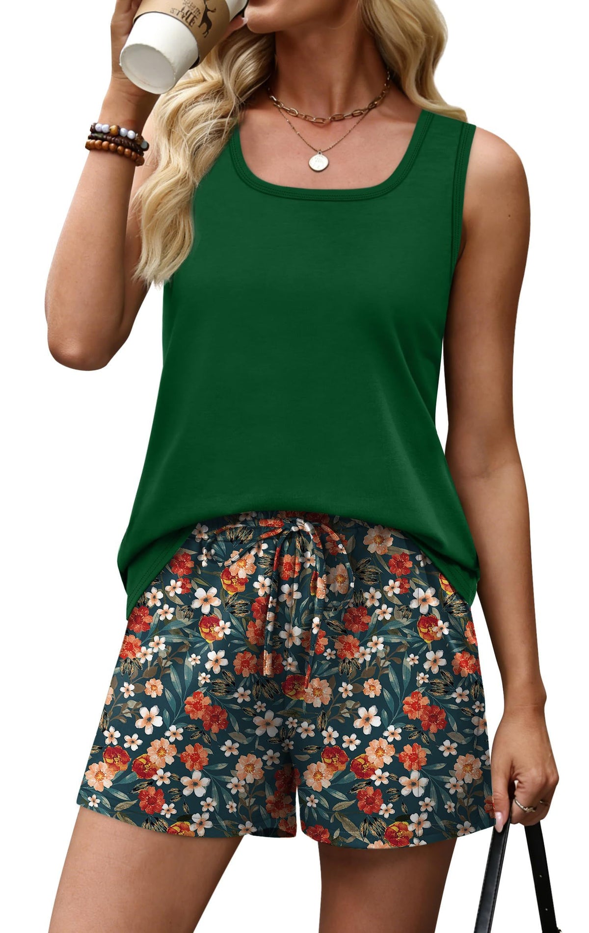 Women's Summer 2-Piece Set: Sleeveless Square Neck Tank and Floral Shorts for Daily Leisure, S (Dark Green)
