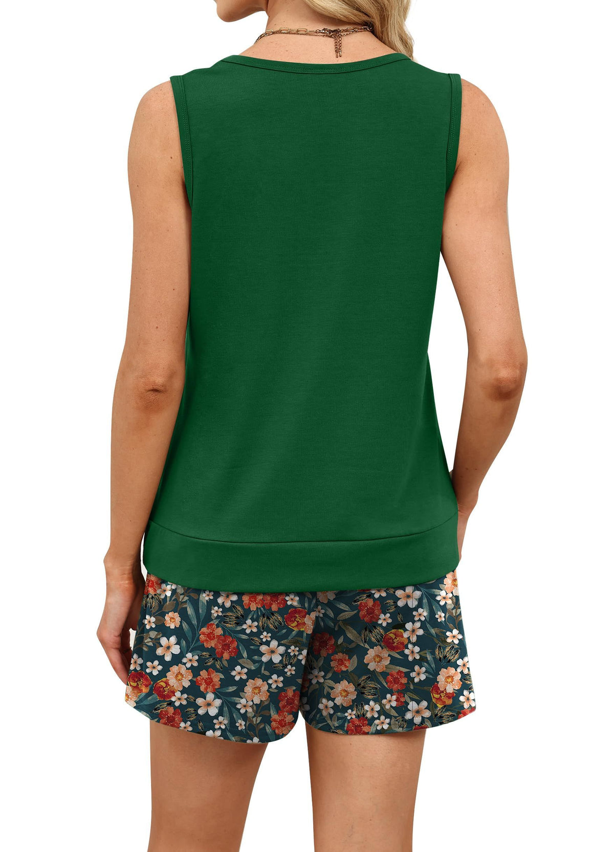 Women's Summer 2-Piece Set: Sleeveless Square Neck Tank and Floral Shorts for Daily Leisure, M (Dark Green)