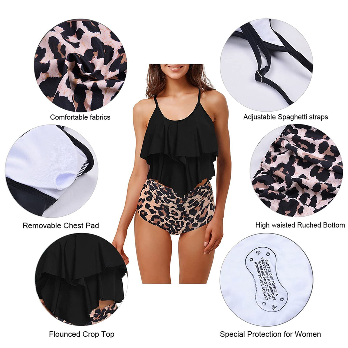 Two-piece tankini swimsuit with ruffled design, perfect for beach, poolside and summer water activities, XL (black)