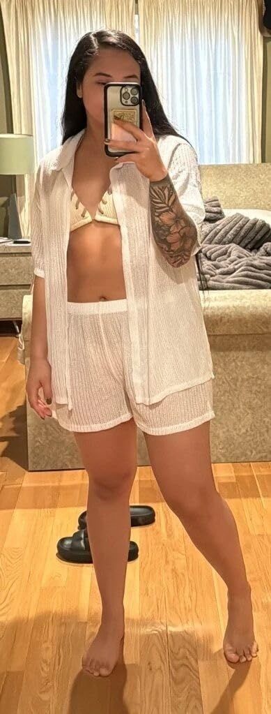 Beach Cover Up Set: Crochet Open Front Shirt and Shorts for Pool, Vacation, Summer Outdoor Wear, L (White)