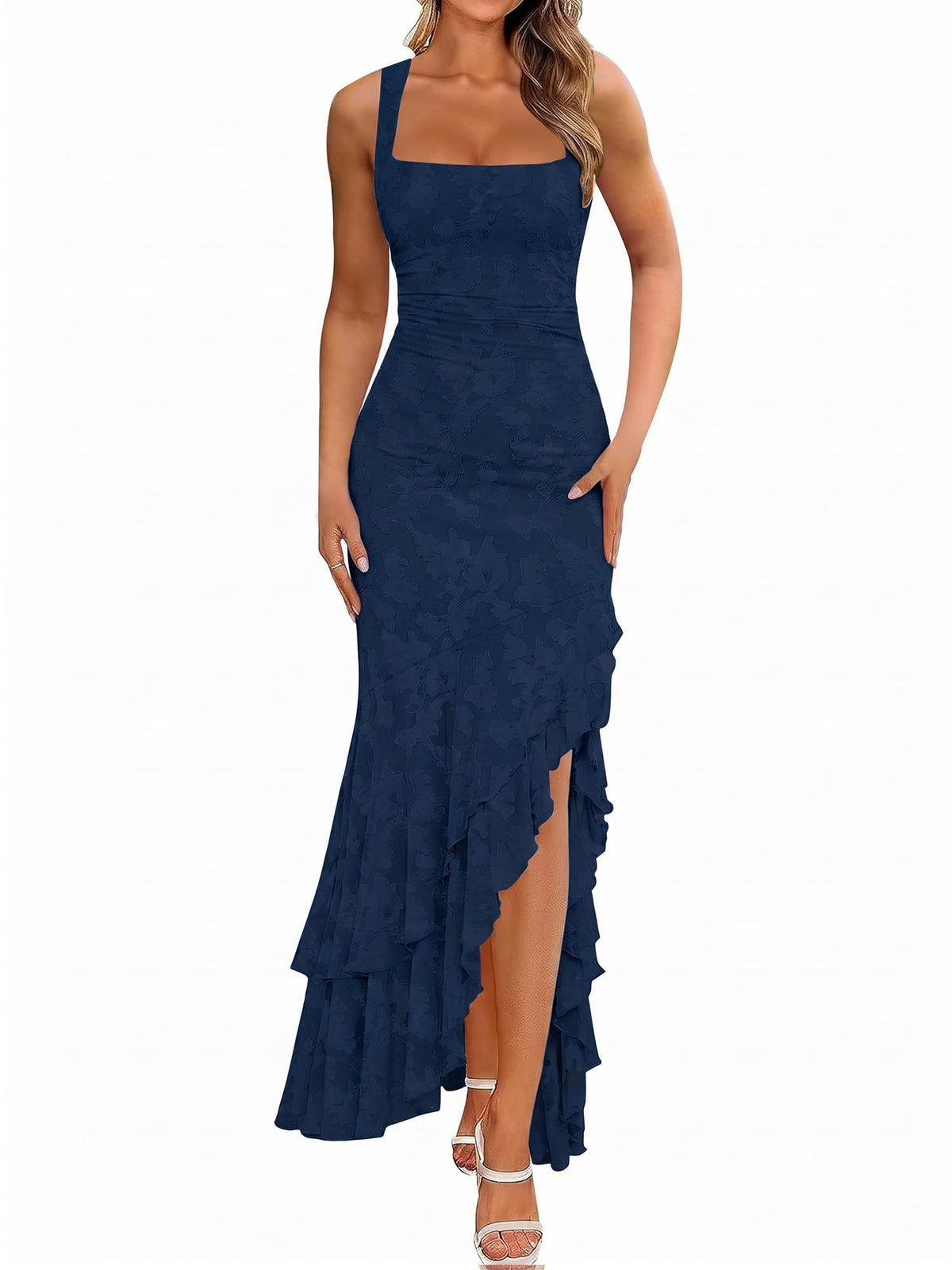 Elegant Ruffled Mermaid Gown for Wedding, Cocktail Parties, and Special Events, XXL (Navy Blue)