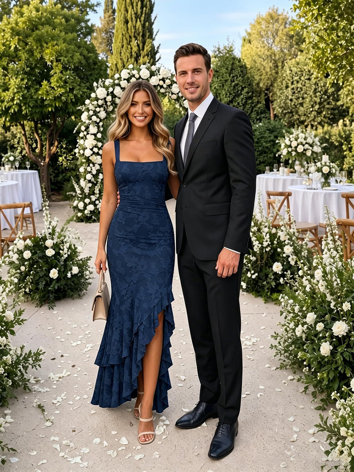 Elegant Ruffled Mermaid Gown for Wedding, Cocktail Parties, and Special Events, XXL (Navy Blue)