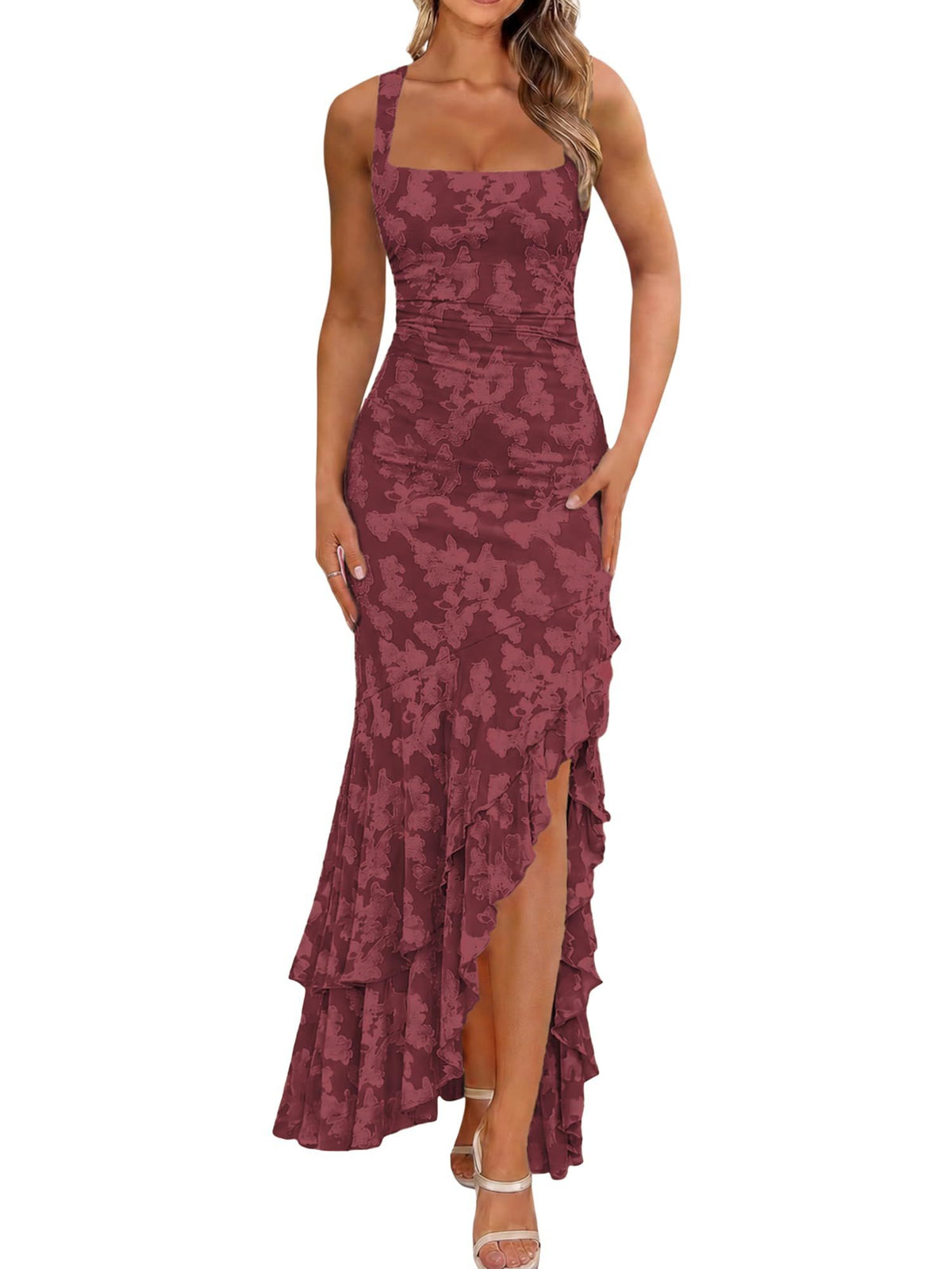 Elegant Ruffled Floral Long Dress for Wedding Guests, Parties, Prom and Special Events, XXL (burgundy)