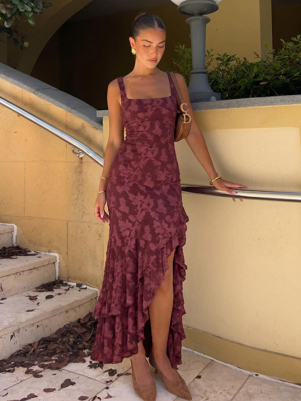 Elegant Ruffled Floral Long Dress for Wedding Guests, Parties, Prom and Special Events, XXL (burgundy)