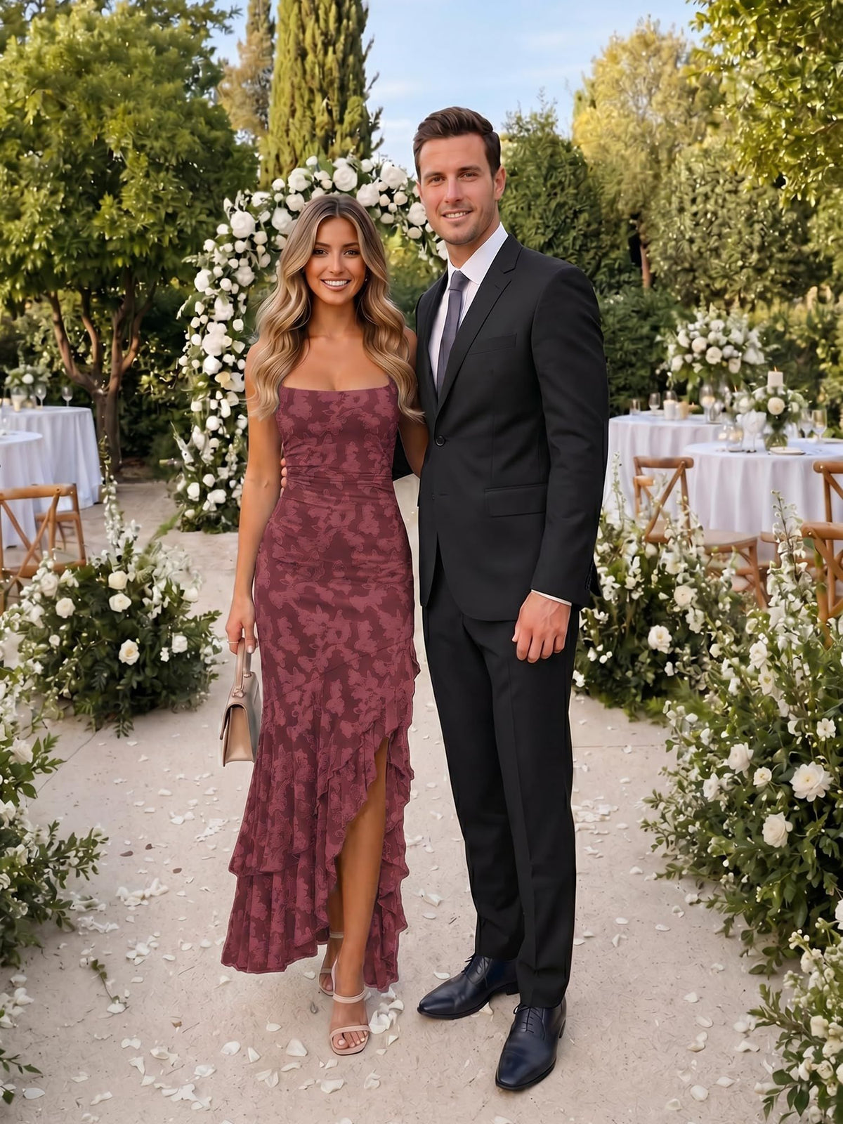 Elegant Ruffled Floral Long Dress for Wedding Guests, Parties, Prom and Special Events, XXL (burgundy)