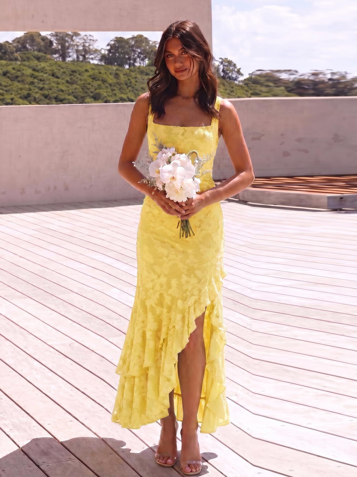Elegant Ruched Floral Maxi Dress for Wedding Guests, Cocktails, Proms & Special Events, L (Yellow)