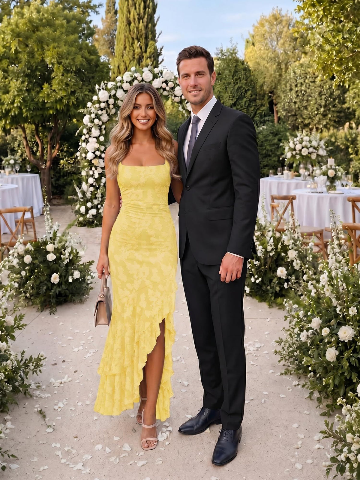 Elegant Ruched Floral Maxi Dress for Wedding Guests, Cocktails, Proms & Special Events, L (Yellow)