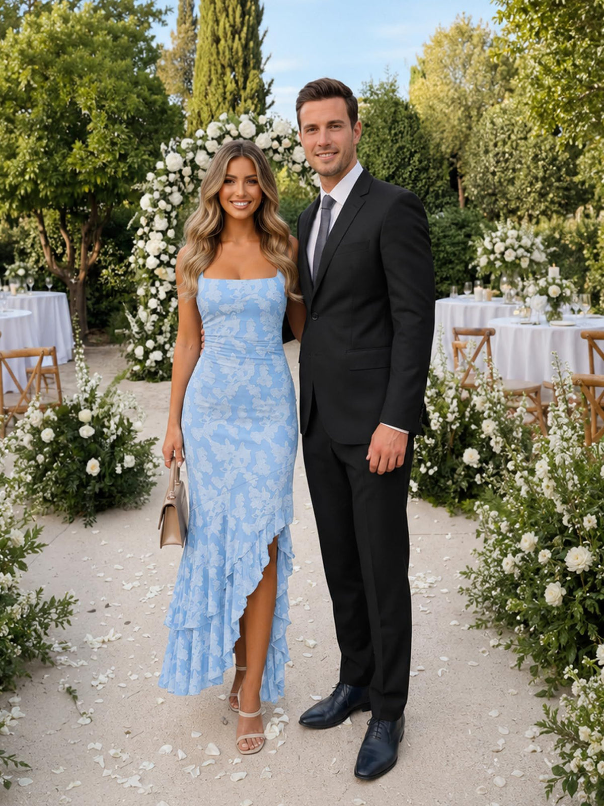 Elegant Floral Mermaid Maxi Dress for Wedding Guest, Party, Cocktail, and Formal Events, XL (Light Blue)