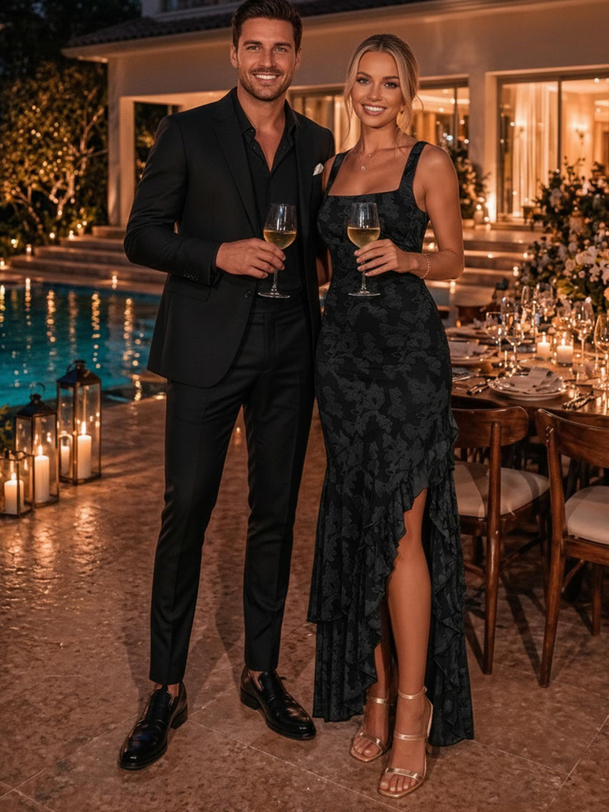 Elegant Ruffled Floral Maxi Dress for Wedding Guests, Parties, Cocktails, Formal Events, XXL (Black with dark floral pattern)