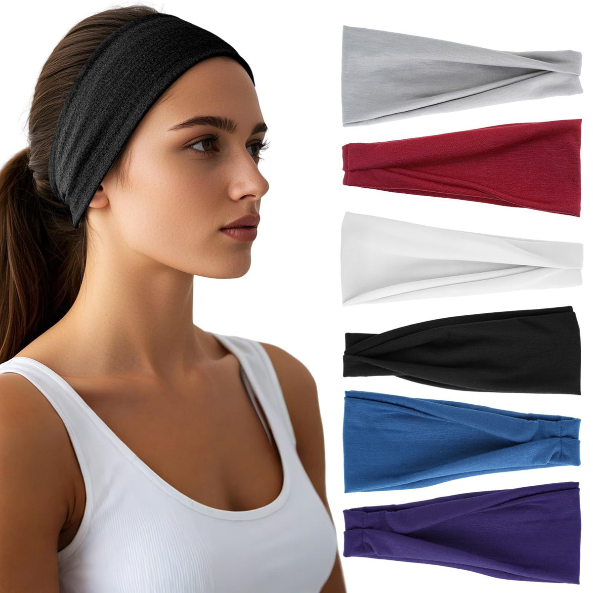 6pcs-Pack Stretch Headbands for Sports, Yoga, Daily Wear & Face Cleansing (Black)